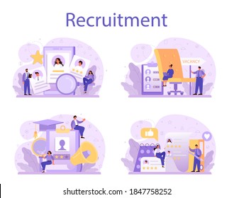 Recruitment concept set. Idea of employment and job interview. Recruitment manager searching. Job candidate for a start up project. Vector illustration in cartoon style