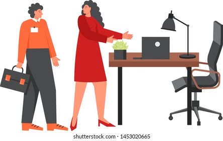 Ilustración plana vectorial del concepto de contratación. Mujer mostrando trabajo a un nuevo empleado. Empresarios contratando personal nuevo, concepto de empleo para banner web, página web, etc.