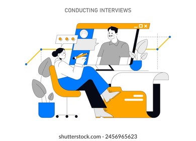 Recruitment concept. A vector illustration of an HR manager interviewing a candidate online, reflecting modern hiring processes. Vector illustration.