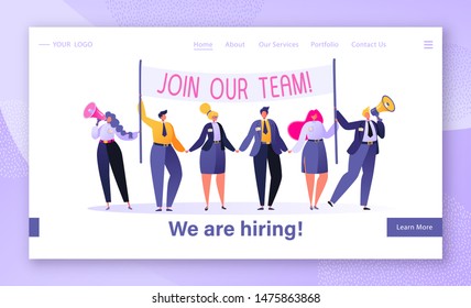 Recruitment concept for website or web page design. Concept of landing page with friendly business people in search of a new employee at the vacant place. People holding hiring banner.  