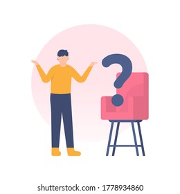 recruitment concepts, questions, employee selection. illustration of a man who is confused because there is an empty seat. flat design. can be used for elements, landing pages, UI, websites