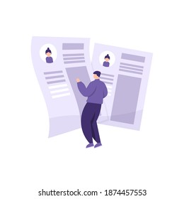 a recruitment design concept, job fairs, job vacancies. illustration of an HRD assessing a cover letter or curriculum vitae. flat style. vector design elements