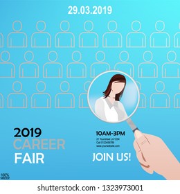 Recruitment design poster or Banner template. 2019 Job or hire Vacancy Advertisement. Concept of flyer on a blue background with magnifier, people shapes, hands, woman silhouette. 