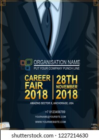  Recruitment Design Poster With Business Suit And Tie. We Are Hiring & Career Fair Invitation  Golden Lettering On Dark Blue Background. Vector Illustration EPS 10.  Open Vacancy Design.