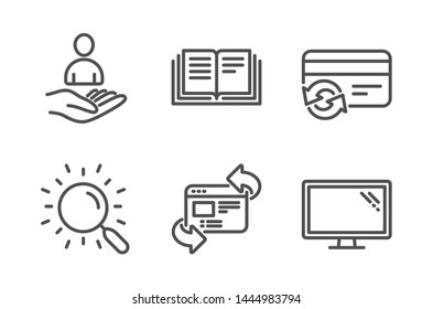 Recruitment, Education and Search icons simple set. Refresh website, Change card and Monitor signs. Hr, Instruction book. Technology set. Line recruitment icon. Editable stroke. Vector