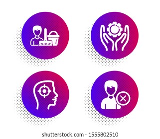 Recruitment, Employee hand and Cleaning service icons simple set. Halftone dots button. Remove account sign. Headhunter aim, Work gear, Bucket with mop. Delete user. People set. Vector