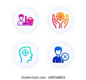 Recruitment, Employee hand and Cleaning service icons simple set. Button with halftone dots. Remove account sign. Headhunter aim, Work gear, Bucket with mop. Delete user. People set. Vector