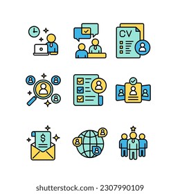 Recruitment and employee icon sheets design. HR human resources colored line style icon set