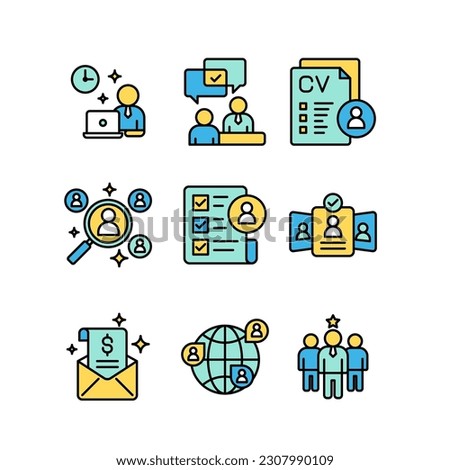 Recruitment and employee icon sheets design. HR human resources colored line style icon set