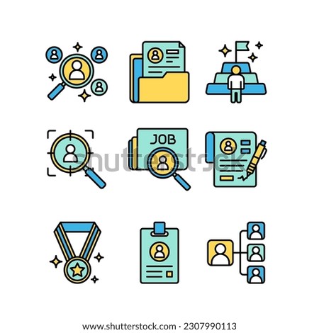 Recruitment and employee icon sheets design. HR human resources colored line style icon set