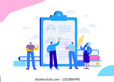 Recruitment and Employment concept. . Business people team analyzing resume. Flat  vector illustration  for web.