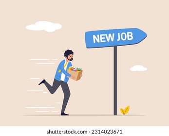 Recruitment or employment concept. Change to new job, career or opportunity, new challenge to success, improvement or advancement, businessman employee carrying stuffs changing to new job opportunity.