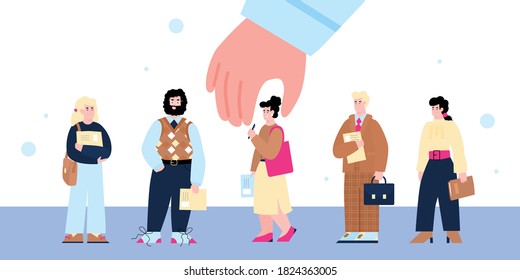 Recruitment and employment concept with huge hand choosing the best candidate from the row of people, flat cartoon vector illustration isolated on white background.