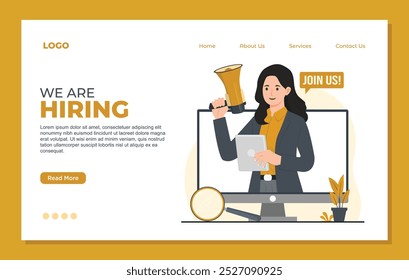 Recruitment and employment landing page template concept with people characters hiring join us join our team illustration 