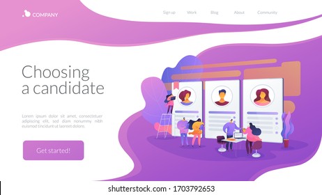 Recruitment and employment service. HR agency and headhunting company. Job interview, employment process, choosing a candidate concept. Website homepage header landing web page template.