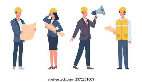 Recruitment of engineers, builders, architects and surveyors. Human resources service, worker professionals in helmets, job vacancies for construction. Cartoon flat isolated vector concept