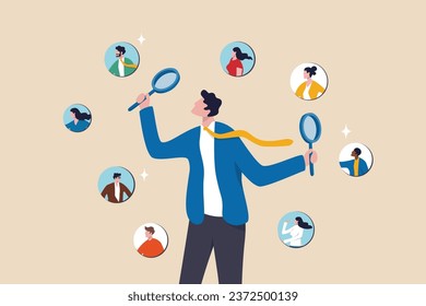 Recruitment finding candidate for job applicant, human resources HR analyze or scan candidate winner, search new people for job opportunity concept, HR recruiter magnifying glass analyze candidate.