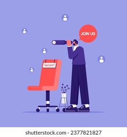 Recruitment or finding career opportunity concept, searching for candidate, find people to fill in job vacancy, businessman HR look through binoculars to find candidate people