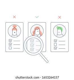 Recruitment, finding the right employee through magnifying glass to hire candidates. Recruitment, cv or user portfolio analysis, hiring or recruitment. Flat line light vector illustration on white