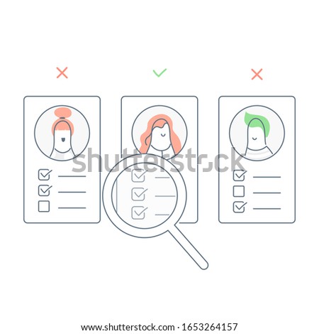 Recruitment, finding the right employee through magnifying glass to hire candidates. Recruitment, cv or user portfolio analysis, hiring or recruitment. Flat line light vector illustration on white