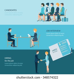 Recruitment flat banner set with candidates, job interview, hired the job, business people, human resources, conceptual vector illustration.