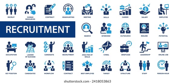 Recruitment flat icons set. Resume, contract, career, skills, human resource, recruit, headhunting, job hiring. Flat icon collection.