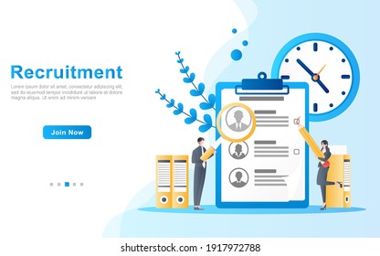 Recruitment flat ilustration concept. job seeker and job vacancy for corporate business. hiring proses. for web, landing page template, banner, presentation, ui, poster, ads