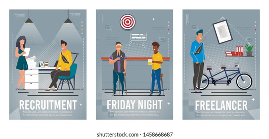 Recruitment, Friday Night, Freelancer Poster Set. HR Agent Interviewing Female Job Seeker. Afro-American and Caucasian Men Rest at Bar. Happy Remote Worker and Tandem Bike. Vector Flat Illustration