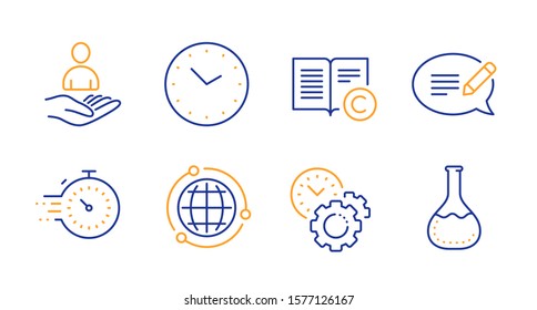 Recruitment, Globe and Timer line icons set. Time, Time management and Copyright signs. Message, Chemistry lab symbols. Hr, Internet world. Education set. Line recruitment icon. Vector
