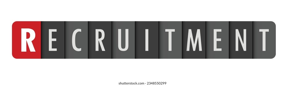 RECRUITMENT gray vector typography banner with initial letter highlighted in red