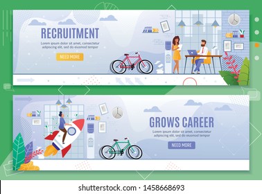Recruitment and Grows Career Business Banner Set. Human Resources Management, Searching Employees and Interviewing. Professional Growth and Achievements. Vector Flat Office Characters Illustration