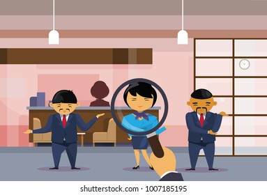 Recruitment Hand Hold Magnifying Glass Choosing Businesswoman From Group Of Asian Business People Picking Candidate For Vacancy Position, Human Resources Concept Flat Vector Illustration