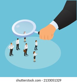 Recruitment - Hand Holding Magnifying Glass To Find New Staff Isometric 3d Vector Concept For Banner, Website, Illustration, Landing Page, Flyer, Etc.