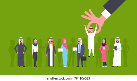 Recruitment Hand Picking Arab Man Candidate From Eastern People Group Hiring Flat Vector Illustration
