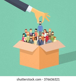 Recruitment Hand Picking Business Person Candidate from Box People Group Business people Human Resources Crowd Flat Vector Illustration