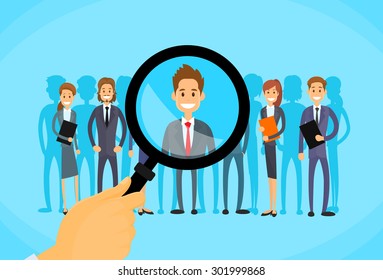 Recruitment Hand Zoom Magnifying Glass Picking Business Person Candidate People Group Flat Vector Illustration