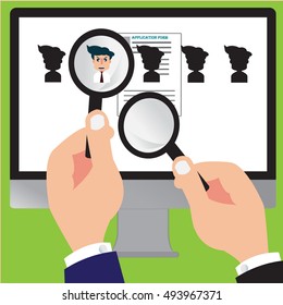 Recruitment hand zoom with magnifying glass for picking business person candidate people - Vector concept of searching for professional stuff - EPS 10