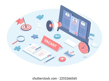 Recruitment head hunting, hiring personnel. Searching candidate for job vacancy by HR specialist. Vector illustration in 3d design. Isometric web banner.