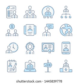 Recruitment, Head Hunting and Job organization related blue line colored icons.