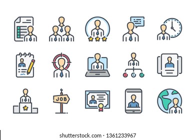 Recruitment and Head Hunting related color line icon set. Candidate and Job Interview linear icons. People and Employment colorful outline vector sign collection.