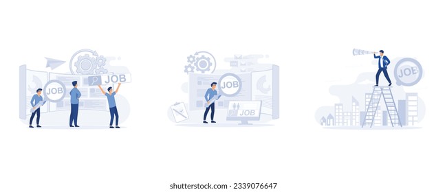 Recruitment. Head Hunting in social network, Find Job Online, find opportunity and seek for a new challenge, set flat vector modern illustration