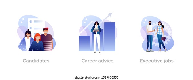 Recruitment and headhunting agency, employment service icons set. Employees hiring. Candidates, career advice, executive jobs metaphors. Vector isolated concept metaphor illustrations