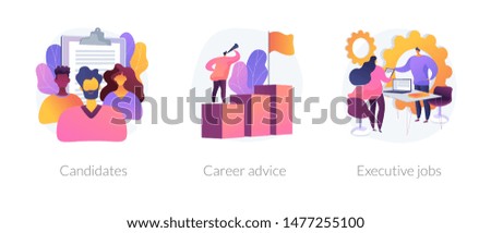 Recruitment and headhunting agency, employment service icons set. Employees hiring. Candidates, career advice, executive jobs metaphors. Vector isolated concept metaphor illustrations