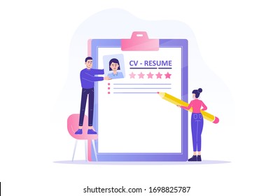 Recruitment or headhunting agency. People creating an ideal resume for job candidate with a good feedback. Concept of recruitment, headhunting and employment. CV application. Vector illustration.