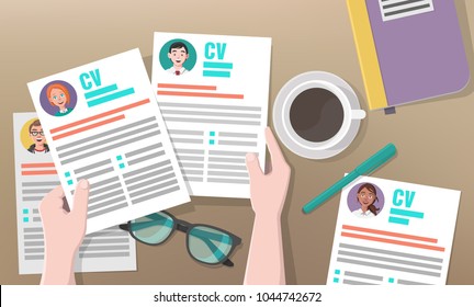 Recruitment or Headhunting Business Concept with Hands, Resumes, Pen, Coffee, Glasses as Symbols of Search for the Most Skillful and Talented Workers. Vector illustration for Social Media.