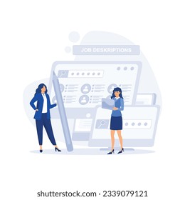 Recruitment Headhunting Concept, Applicants Searching Job Learning Offers in Internet Resource, flat vector modern illustration