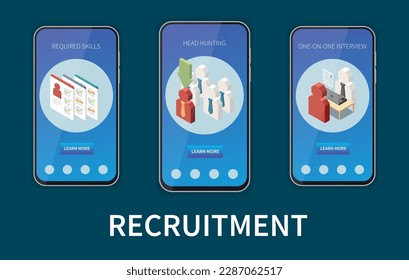 Recruitment headhunting interview with candidate required skills mobile banners set isolated isometric vector illustration