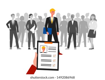 Recruitment or hiring business team staff flat vector illustration isolated, depicting group of people and one of them chosen. Choice of employee and start of career concept.