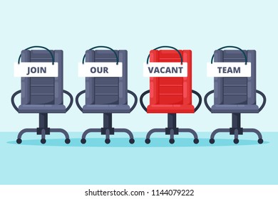 Recruitment and hiring concept. Empty grey and red office chairs with join our team words. Vacancy job vector flat illustration.