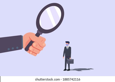 Recruitment and hiring concept. Hand using magnifying glass to choosing employee with face mask